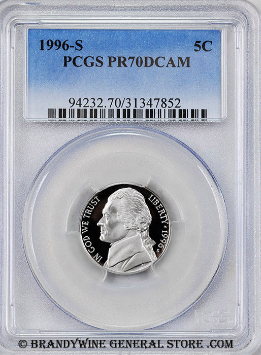 1996-s Jefferson Nickel certified perfect Proof 70 Deep Cameo by PCGS