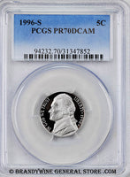 1996-s Jefferson Nickel certified perfect Proof 70 Deep Cameo by PCGS