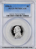1996-s Jefferson Nickel certified perfect Proof 70 Deep Cameo by PCGS