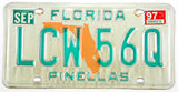 A 1997 Florida passenger car license plate for sale by Brandywine General Store in very good plus condition with some discoloring