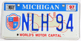 A 1997 Michigan World's Motor Capital car license plate for sale by Brandywine General Store in excellent condition