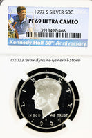 A beautiful 1997-S Kennedy Silver half dollar proof coin that has been professionally graded by Numismatic Guaranty Corporation or NGC at Proof 69 Ultra Cameo