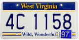 A 1997 West Virginia passenger car license plate for sale at Brandywine General Store in excellent minus condition