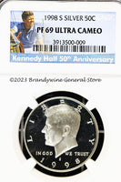 A beautiful 1998-S Kennedy Silver half dollar proof coin that has been professionally graded by Numismatic Guaranty Corporation or NGC at Proof 69 Ultra Cameo