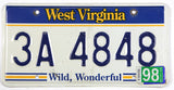 A 1998 West Virginia passenger car license plate for sale at Brandywine General Store in very good plus condition
