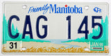 A classic 1999 Manitoba Canada passenger car license plate for sale at Brandywine General Store in excellent minus condition with scratches