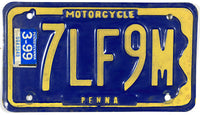 A 1999 Pennsylvania Motorcycle License Plate for sale by Brandywine General Store in very good plus condition