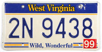 A classic 1999 West Virginia passenger car license plate for sale at Brandywine General Store in very good plus condition