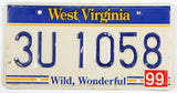 A classic 1999 West Virginia passenger car license plate for sale at Brandywine General Store in very good condition