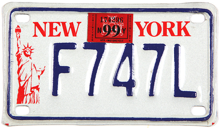 classic 1999 New York motorcycle license plate in excellent condition
