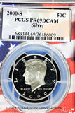 A beautiful 2000-S Kennedy Silver half dollar proof coin that has been professionally graded by PCGS at Proof 69 Deep Cameo