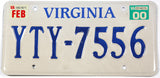 A 2000 Virginia passenger car license plate for sale at Brandywine General Store in excellent minus condition