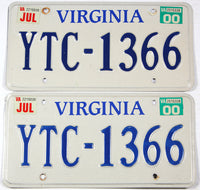 A pair of 2000 Virginia passenger car license plates for sale at Brandywine General Store in excellent minus condition