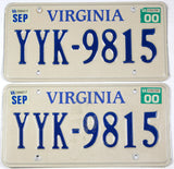 A pair of 2000 Virginia passenger car license plates for sale at Brandywine General Store in excellent minus condition