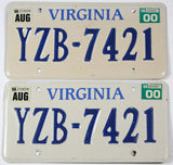 A pair of 2000 Virginia passenger car license plates for sale at Brandywine General Store in excellent minus condition