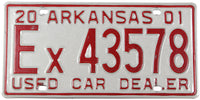 A 2001 Arkansas used car dealer license plate for sale by Brandywine General Store in excellent condition