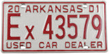 A 2001 Arkansas used car dealer license plate for sale by Brandywine General Store in excellent minus condition