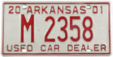 A 2001 Arkansas used car dealer license plate for sale by Brandywine General Store in very good plus condition