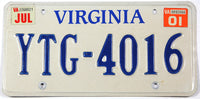 A single 2001 Virginia passenger car license plate for sale at Brandywine General Store in excellent minus condition