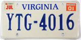 A single 2001 Virginia passenger car license plate for sale at Brandywine General Store in excellent minus condition