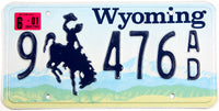 A single classic 2001 Wyoming passenger car license plate for sale by Brandywine General Store from Big Horn County
