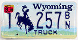 A classic single 2001 Wyoming truck license plate from Natrone County for sale by Brandywine General Store in excellent minus condition