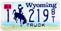 A classic single 2001 Wyoming truck license plate from Natrone County for sale by Brandywine General Store in excellent condition