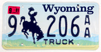 A classic single 2001 Wyoming truck license plate for sale by Brandywine General Store from Big Horn county