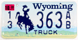 A classic single 2001 Wyoming truck license plate for sale by Brandywine General Store from Converse county