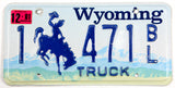A classic single 2001 Wyoming truck license plate from Natrone County for sale by Brandywine General Store  grading very good plus
