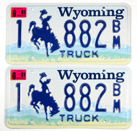 A classic pair of 2001 Wyoming truck license plates from Natrone County for sale by Brandywine General Store in excellent minus condition