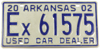 A 2002 Arkansas used car dealer license plate for sale by Brandywine General Store in excellent condition
