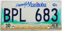 A classic 2002 Manitoba Canada passenger car license plate for sale at Brandywine General Store in very good plus condition with scratching