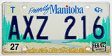 A classic 2002 Manitoba Canada passenger car license plate for sale at Brandywine General Store in very good plus condition with rubs