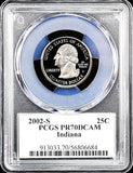 2002-s Indiana state quarter graded by PCGS 70 deep cameo