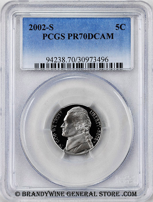 2002-s Jefferson Nickel certified perfect Proof 70 Deep Cameo by PCGS