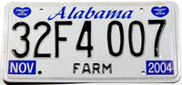 A NOS 2004 Alabama Farm License Plate for sale by Brandywine General Store in new old stock excellent plus condition