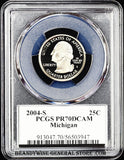 2004-S Michigan state quarter graded by PCGS at Proof 70 deep cameo