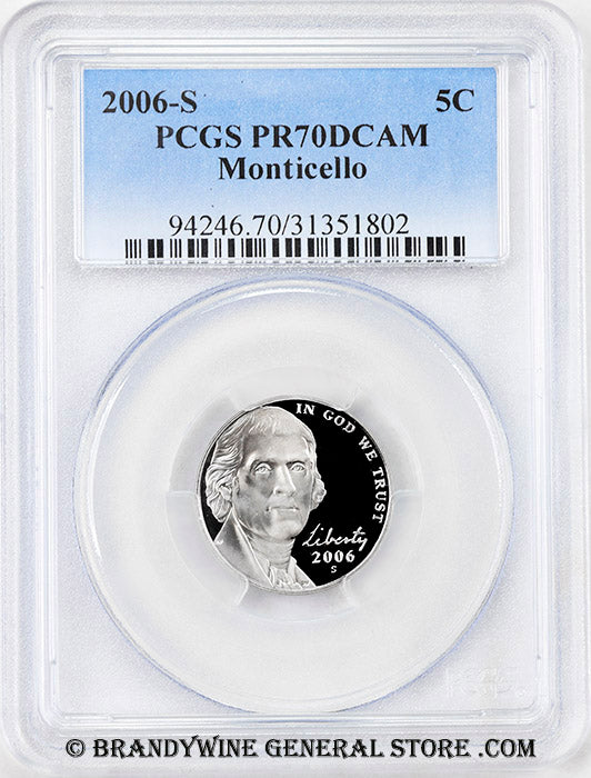2006-s Jefferson Nickel certified perfect Proof 70 Deep Cameo by PCGS