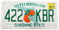 A 2011 Florida passenger car license plate for sale by Brandywine General Store in very good plus condition wtih a center bend