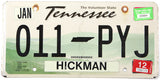 2012 Tennesse car license plate with Smoky mountains and Hickman county sticker