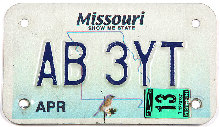 classic 2013 Missouri motorcycle license plate grading very good plus