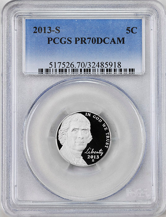 2013-s Jefferson Nickel certified perfect Proof 70 Deep Cameo by PCGS