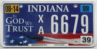 A 2009 Indiana passenger car license plate, the '09 IN DMV automobile tag has In God we Trust on the left side in excellent minus condition