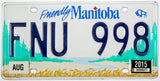 A 2015 Manitoba Canada passenger car license plate for sale at Brandywine General Store in excellent minus condition