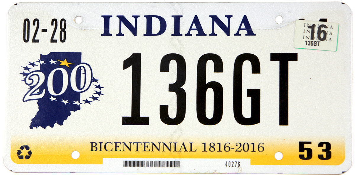 2016 Indiana bicentennial car license plate grading very good plus