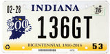 2016 Indiana bicentennial car license plate grading very good plus