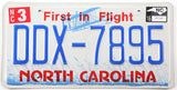 2016 North Carolina First in Flight car license plate grading excellent