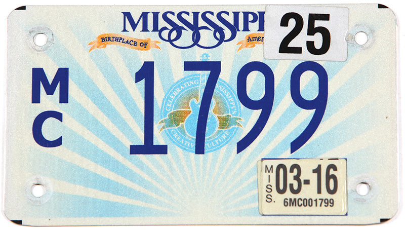 2016 Mississippi motorcycle license plate grading very good plus