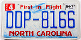 2017 North Carolina First in Flight car license plate grading excellent